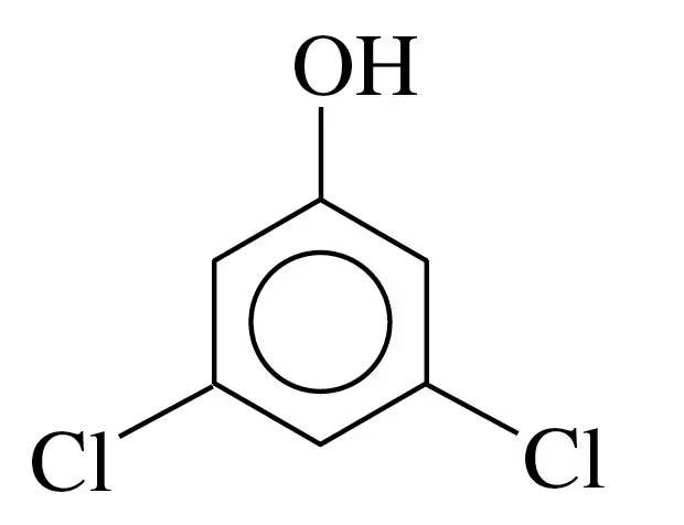 Chemical structure of a benzene ring with two chlorine (Cl) atoms and one hydroxyl (OH) group attached.