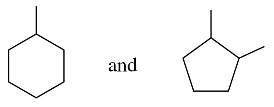 Two chemical structures side by side, labeled "and," illustrating a comparison of potential structural isomers.
