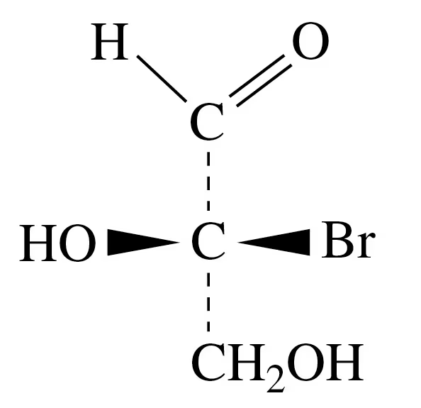 Fischer projection of a carbohydrate showing a central carbon with hydroxyl, bromine, and hydrogen groups.