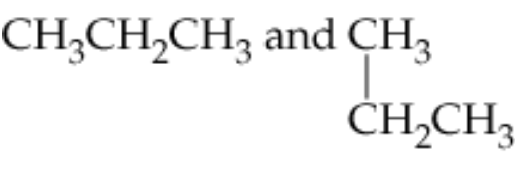 Chemical structures labeled as CH3CH2CH3 and CH3 with a vertical bond to CH2CH3, questioning their relationship.