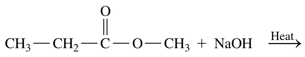 Condensed structural formula of an ester reacting with sodium hydroxide under heat, indicating saponification.