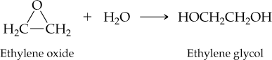 Chemical reaction diagram showing ethylene oxide reacting with water to form ethylene glycol, with yield information.