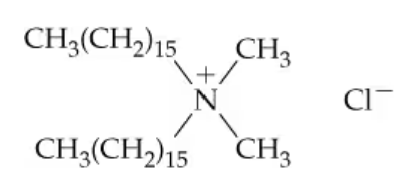 Chemical structure of a quaternary ammonium salt with a positively charged nitrogen and a chloride ion.