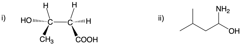 Two chemical structures of optical isomers with labeled atoms, showing bonds and groups for identifying chiral centers.