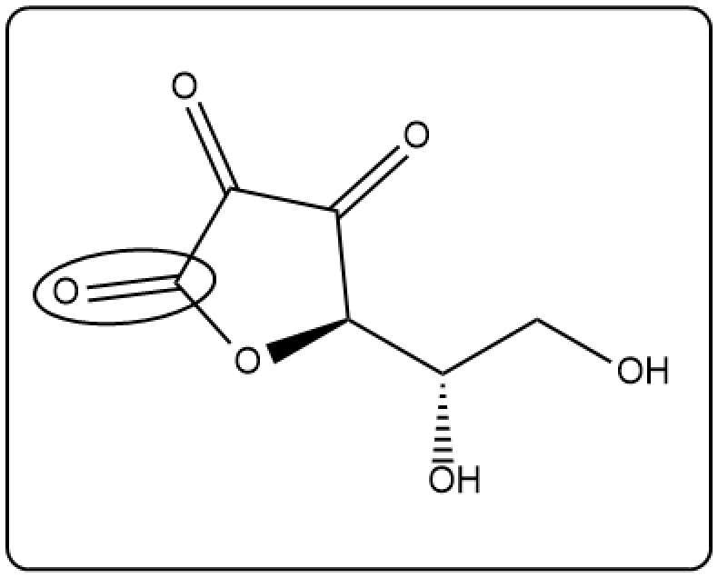 Highlighted oxidized groups in dehydroascorbic acid structure with focus on specific atoms.