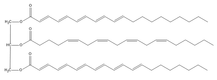 Chemical structure of triacylglycerol before hydrogenation.