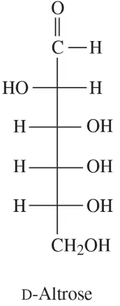 Fischer projection of D-Altrose, showing its structural formula with hydroxyl and carbonyl groups.