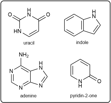 Chemical structures of uracil, indole, adenine, and pyridin-2-one for identifying pyrimidine bases.