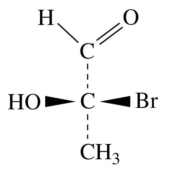 Fischer projection of a carbohydrate with hydroxyl, bromine, and methyl groups attached to a carbon backbone.