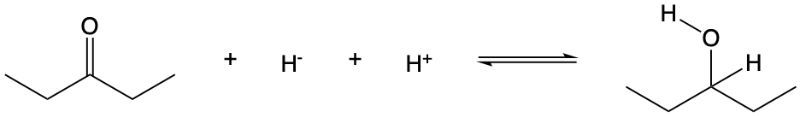 Chemical reaction showing the reduction of a carbonyl group with H- and H+.