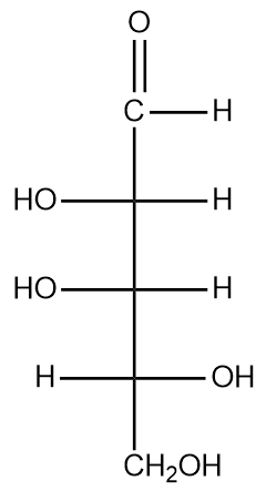 Structural formula of a carbohydrate for identifying D- or L-enantiomer in Chapter 20 of the gob course.