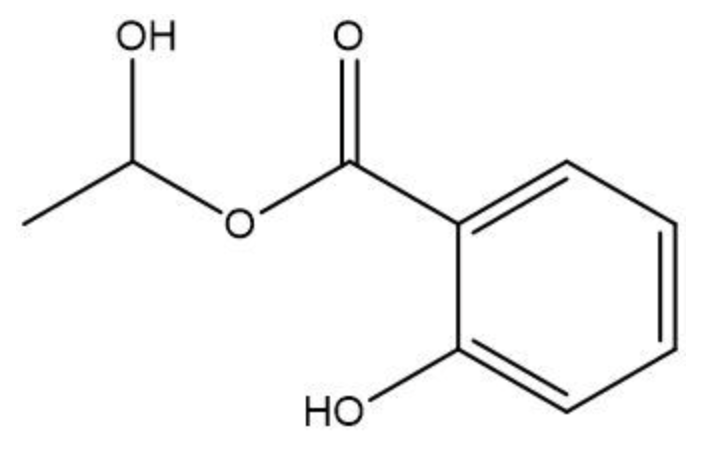 Structural formula of aspirin showing an ester group formed from ethanoic acid and salicylic acid condensation.