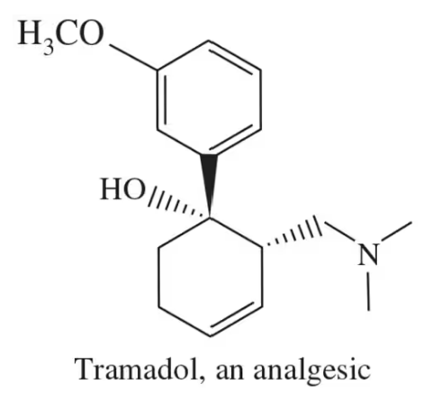 Chemical structure of Tramadol, an analgesic, with chiral centers marked by asterisks.