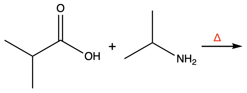 Chemical reaction showing formation of an amide from a carboxylic acid and an amine.