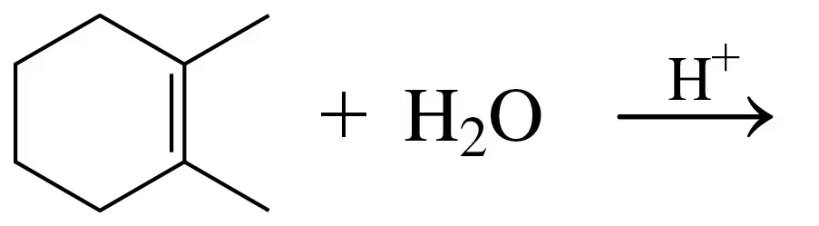 Chemical reaction diagram showing a benzene ring reacting with water, producing a product with a hydrogen ion.