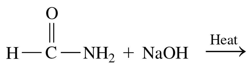 Condensed structural formula showing amide hydrolysis with sodium hydroxide and heat.