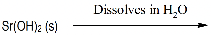 Chemical equation showing solid Sr(OH)2 dissolving in water with an arrow indicating dissociation.