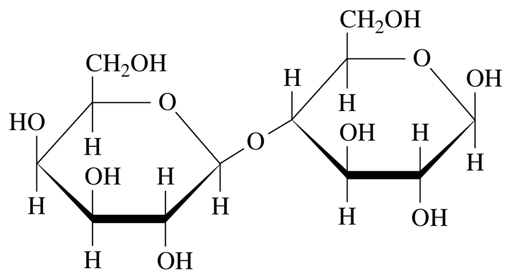 Chemical structure of a disaccharide showing monosaccharide units and glycosidic bond details.