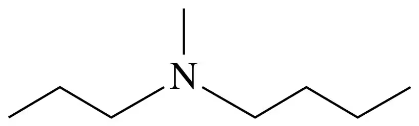 Chemical structure of an amine with a nitrogen atom bonded to two carbon chains.