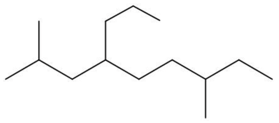 Skeletal structure of 2,6-dimethyl-4-propylnonane showing carbon chain with methyl and propyl substituents.