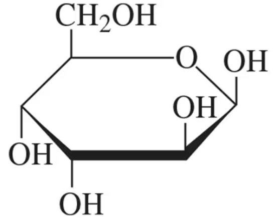 Cyclic structure of a monosaccharide with labeled hydroxyl groups and a CH2OH group, indicating anomer identification.