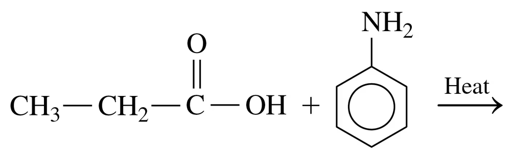 Condensed structural formula showing a carboxylic acid and an amine reacting with heat to form an amide.
