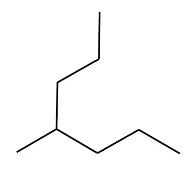 Line-angle formula of an organic compound with multiple carbon chains and branching structures.