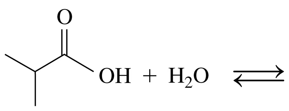 Condensed structural formula showing a carboxylic acid reacting with water, indicating reversible reaction.