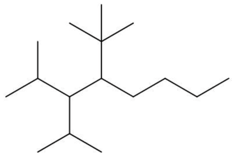 Line drawing of a branched alkane molecule with tert-butyl, isopropyl, and methyl substituents on an eight-carbon chain.