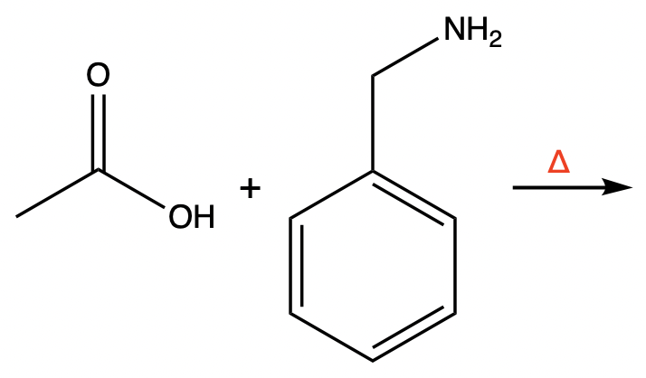 Reaction showing acetic acid and aniline forming an amide with heat applied.