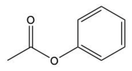 Chemical structure of phenyl propanoate showing a benzene ring attached to an ester functional group with a propanoate chain.