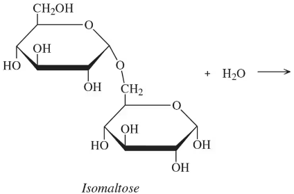 Chemical structure of isomaltose showing condensation reaction with water as a product.