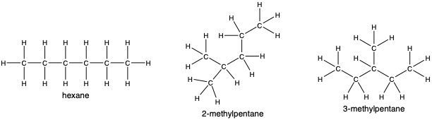 Structures of hexane, 2-methylpentane, and 3-methylpentane in organic chemistry.