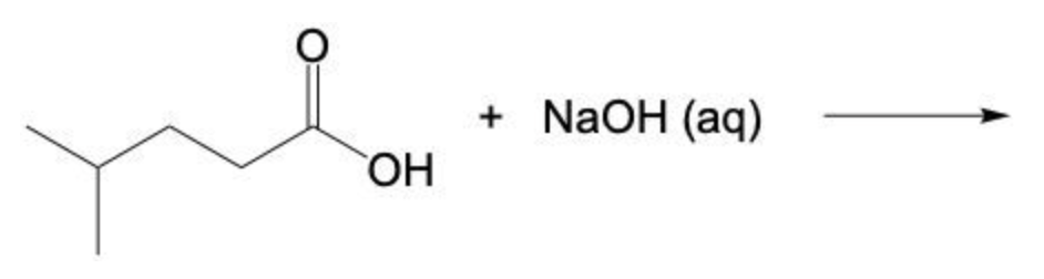 Chemical reaction showing a carboxylic acid reacting with aqueous sodium hydroxide to form a carboxylate anion.