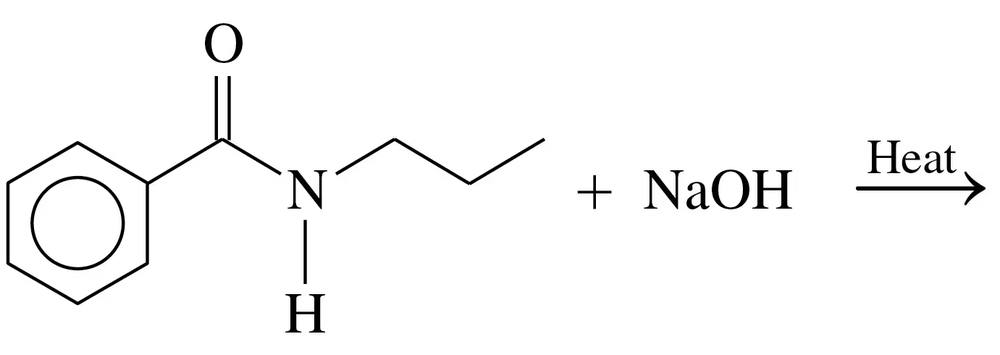 Condensed structural formula showing a reaction between an amide and sodium hydroxide with heat.