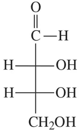 Structural formula of a monosaccharide showing hydroxyl groups and a carbonyl group for D and L isomer identification.