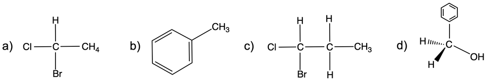 Four chemical structures labeled a to d, showing molecules with various substituents around carbon atoms, highlighting potential chirality.