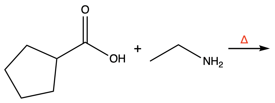 Chemical reaction showing carboxylic acid and amine forming an amide product.