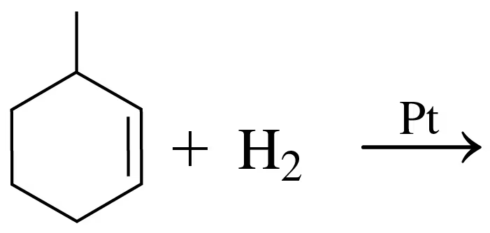 Structural formula showing a hydrogenation reaction of benzene with hydrogen gas and platinum catalyst.