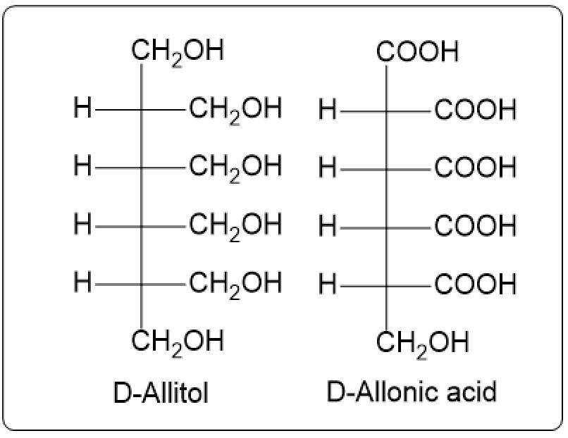 Fischer projections of D-Allitol and D-Allonic acid, illustrating their molecular structures.