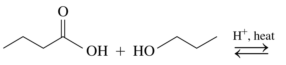 Condensed structural formula showing esterification reaction with reactants and conditions: heat and acid catalyst.