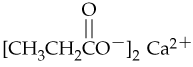 Chemical structure of calcium salt of a carboxylic acid, showing the anion and cation components.
