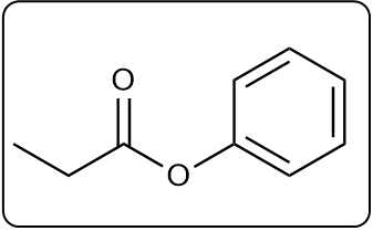 Line-angle formula for ethyl benzoate, showing ester functional group and aromatic ring.