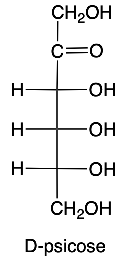 Structural formula of D-psicose, a ketohexose carbohydrate, showing carbon atoms and functional groups.