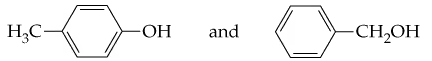 Two chemical structures of compounds with formula C7H8O, one with a hydroxyl group and the other with a methylene alcohol.