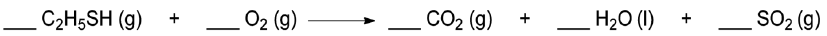 Unbalanced chemical equation with blanks for coefficients: C2H5SH plus O2 yields CO2, H2O, and SO2.