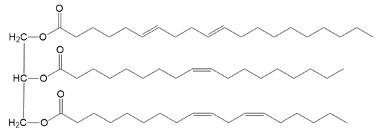 Chemical structure of triacylglycerol for hydrogenation reaction.