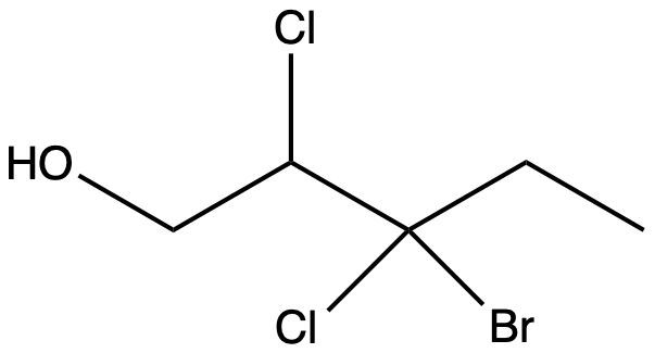 Chemical structure of 3,3-chlorobromo-2-chloro-1-pentanol for IUPAC naming.