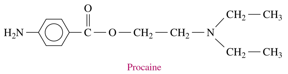 Condensed structural formula of procaine, a local anesthetic, showing its chemical structure.
