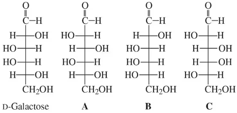 Structures A, B, and C are compared to d-galactose for classification as enantiomers or diastereomers.